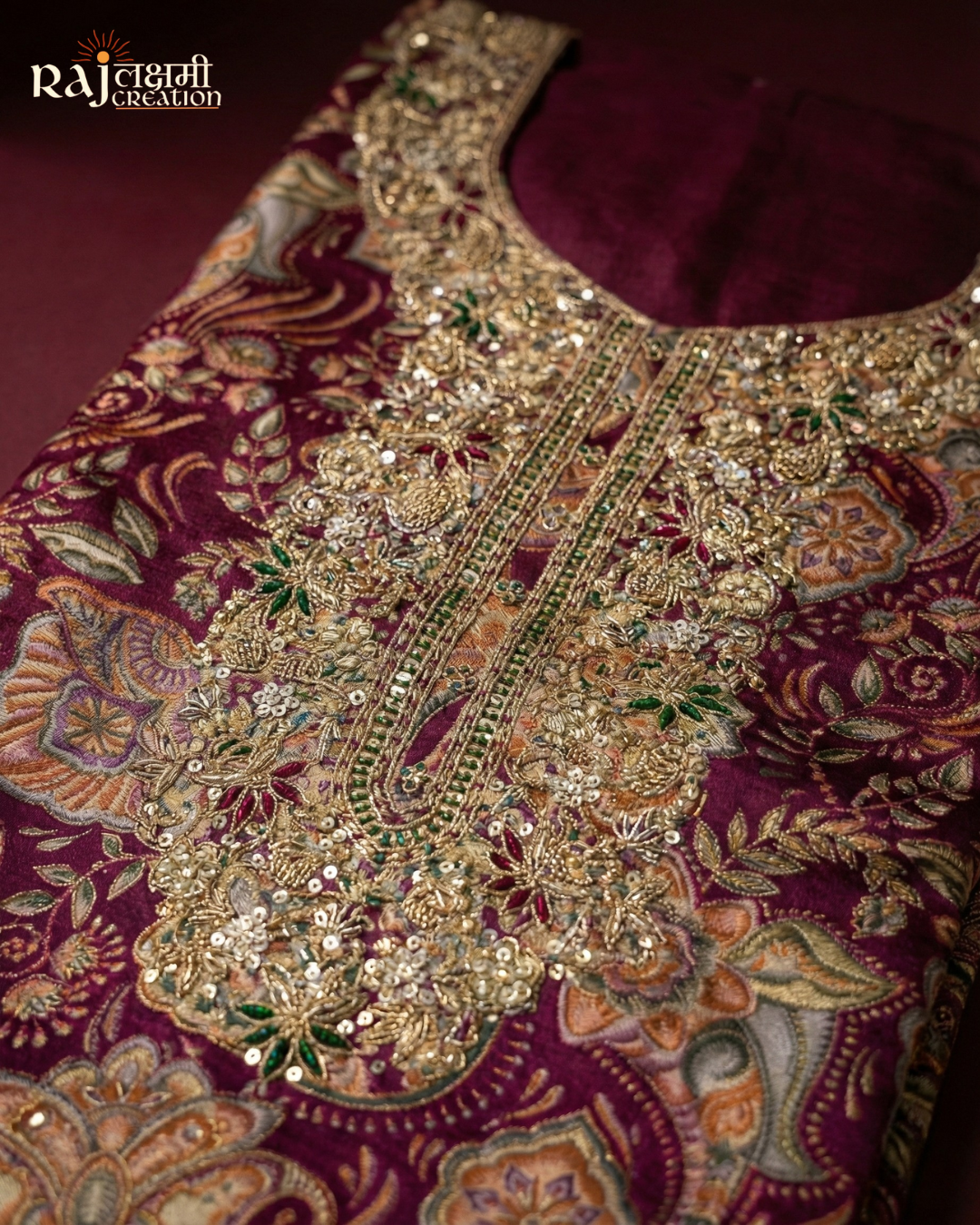 Royal Magenta Printed Gajji Satin Suit with Handcrafted Zardosi Yoke