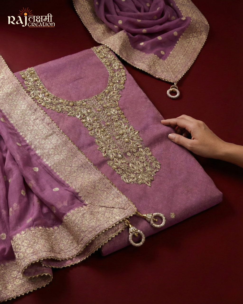 Premium Organza Zardosi Unstitched Suit Set with Tissue Dupatta