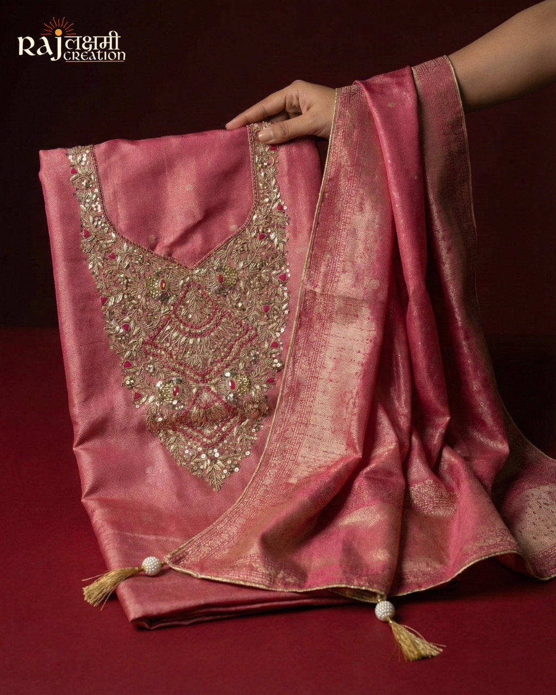 Shimmering Rose Pink Zardosi Work Tissue Upada Silk Unstitched Suit Set