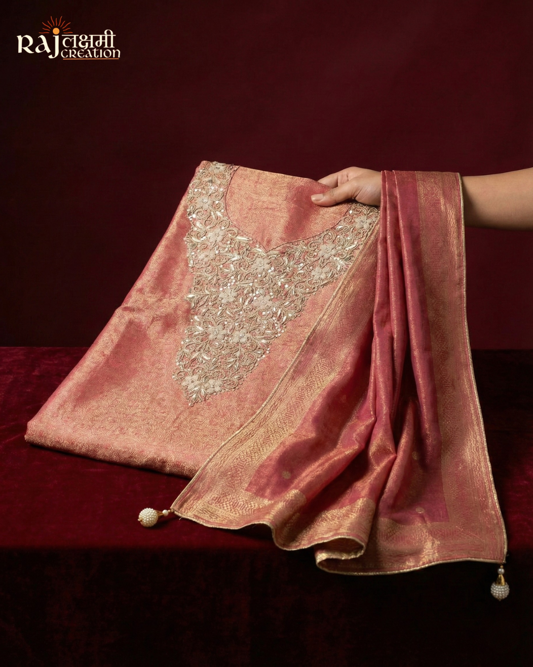 Premium Zari & Zardosi Embroidered Tissue Upada Dress Material