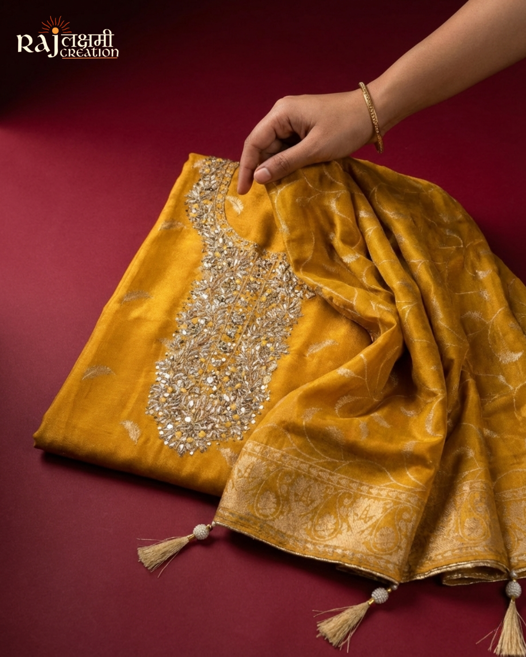 Premium Zardosi Handwork Suit | Upada Silk Shirt | Zari Tissue Dupatta