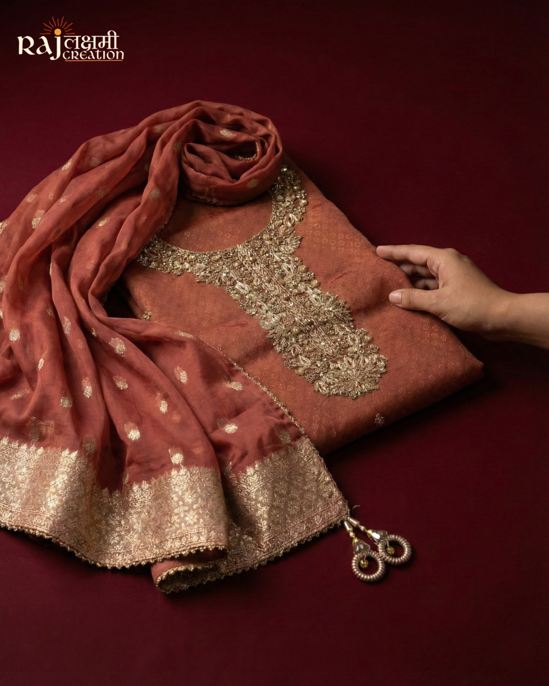The Heritage Organza Suit Set : Zardosi Neckline & Shimmer Tissue Dupatta