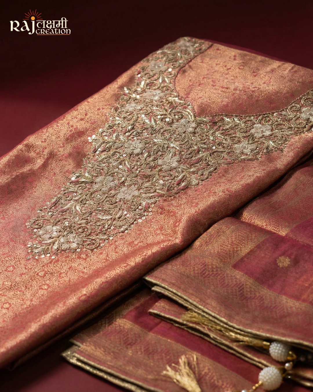 Premium Zari & Zardosi Embroidered Tissue Upada Dress Material