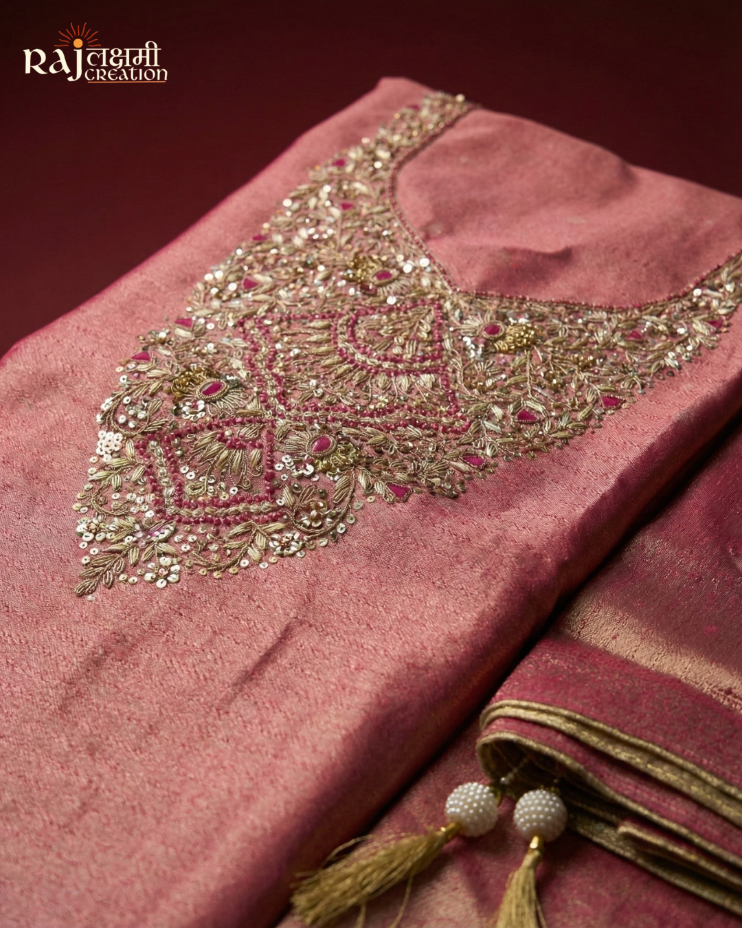 Shimmering Rose Pink Zardosi Work Tissue Upada Silk Unstitched Suit Set