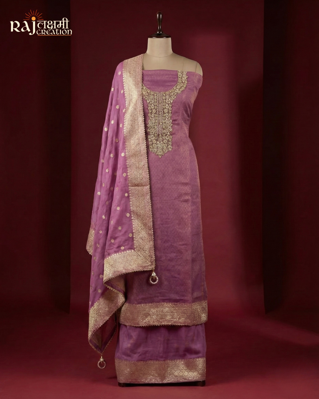 Premium Organza Zardosi Unstitched Suit Set with Tissue Dupatta