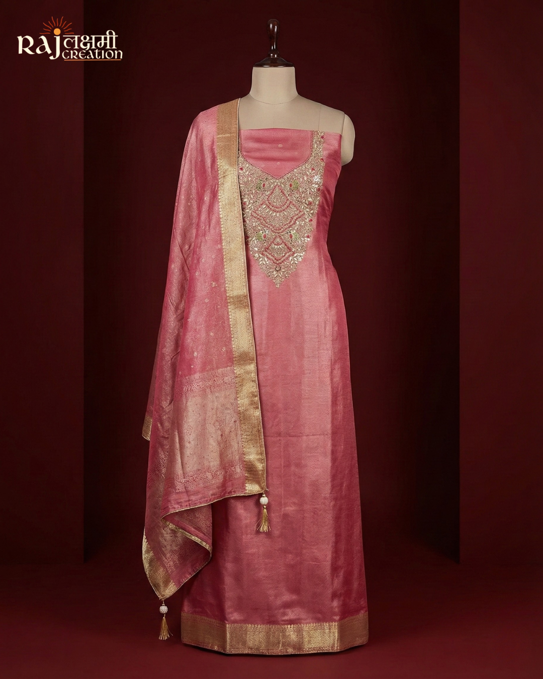 Shimmering Rose Pink Zardosi Work Tissue Upada Silk Unstitched Suit Set