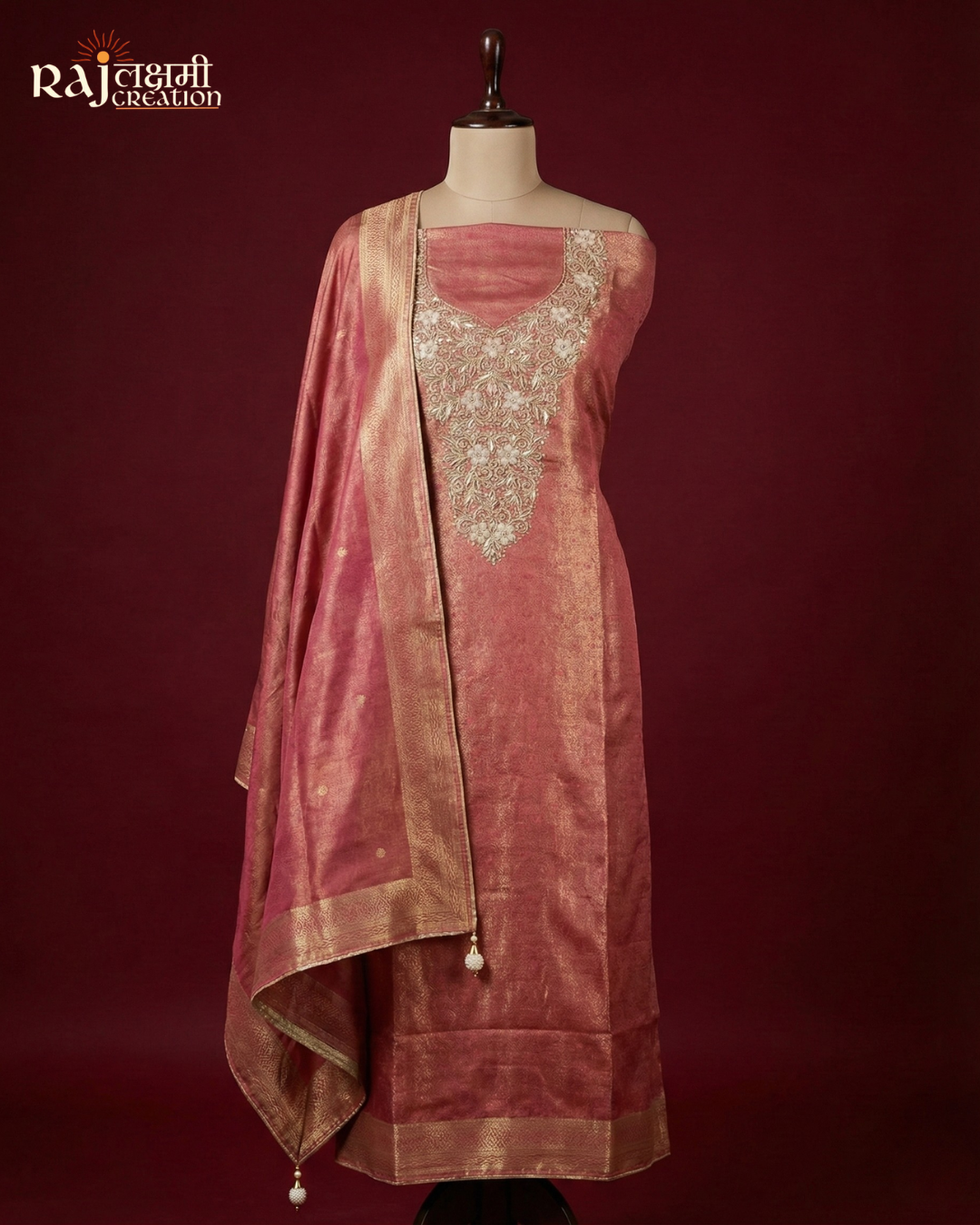 Premium Zari & Zardosi Embroidered Tissue Upada Dress Material