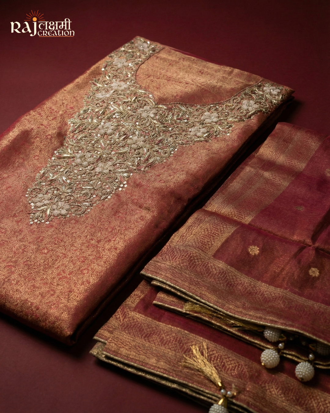 Premium Zari & Zardosi Embroidered Tissue Upada Dress Material