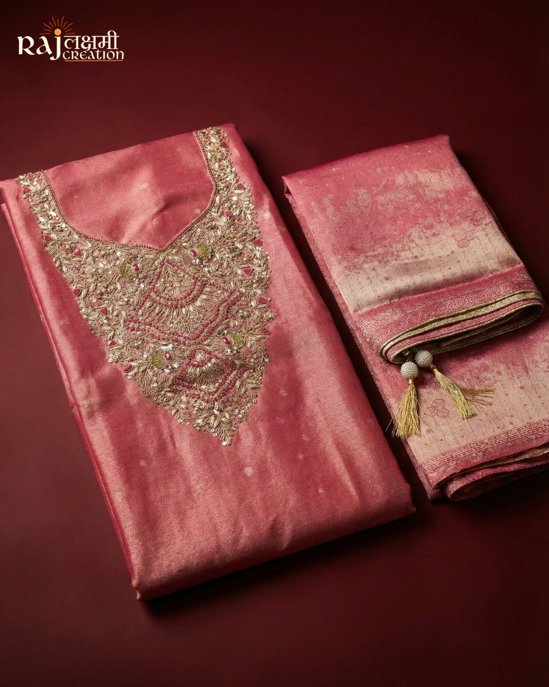 Shimmering Rose Pink Zardosi Work Tissue Upada Silk Unstitched Suit Set