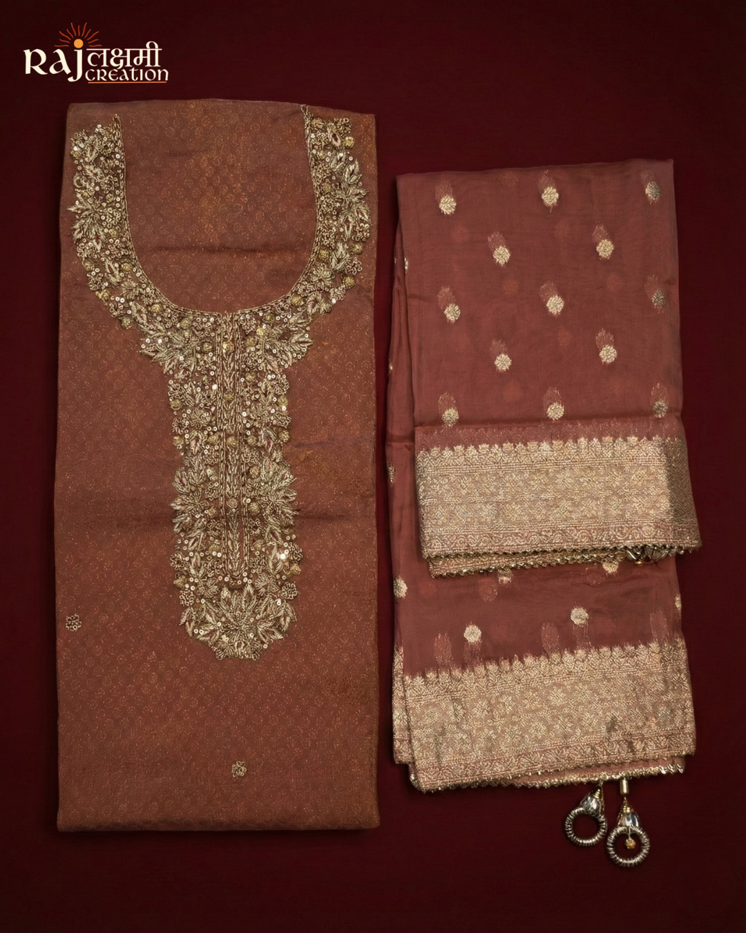 The Heritage Organza Suit Set : Zardosi Neckline & Shimmer Tissue Dupatta