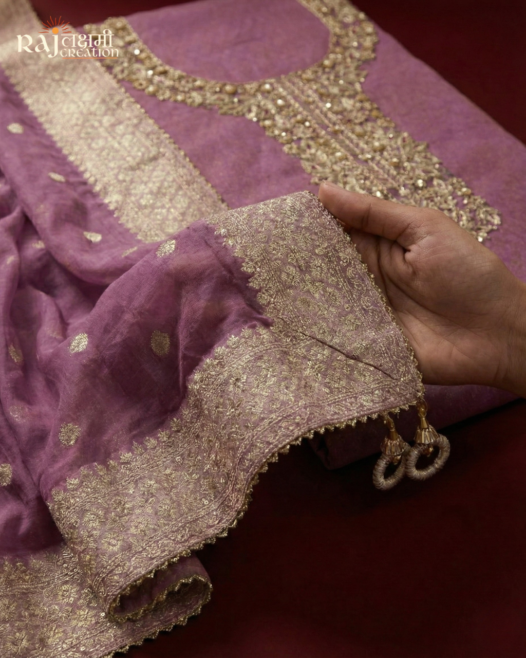 Premium Organza Zardosi Unstitched Suit Set with Tissue Dupatta