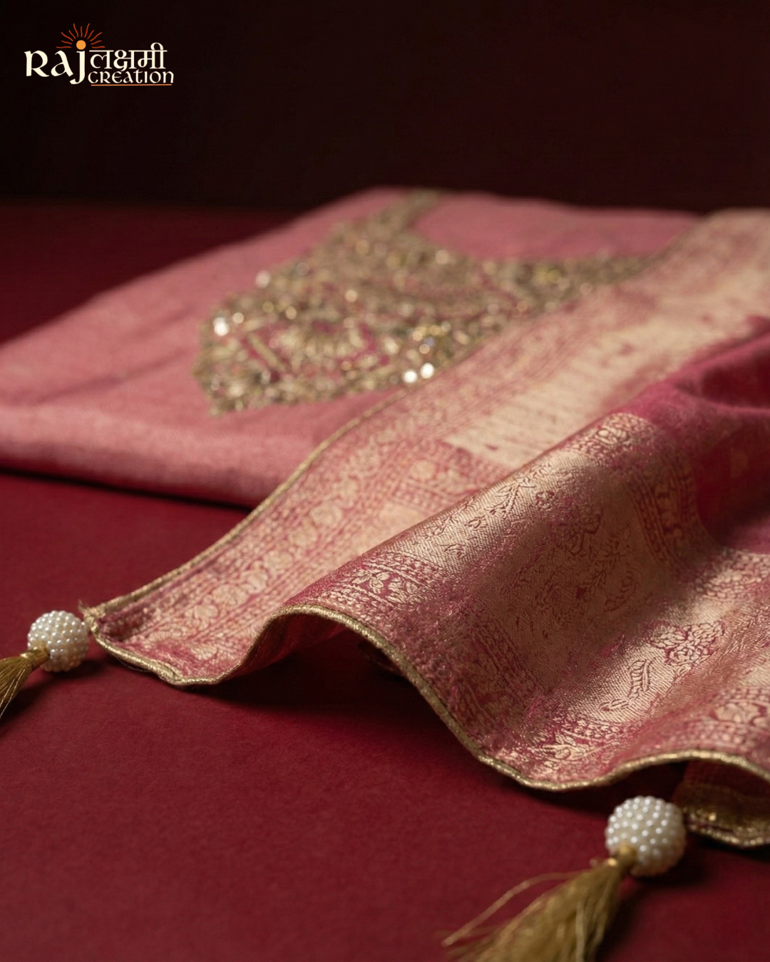 Shimmering Rose Pink Zardosi Work Tissue Upada Silk Unstitched Suit Set