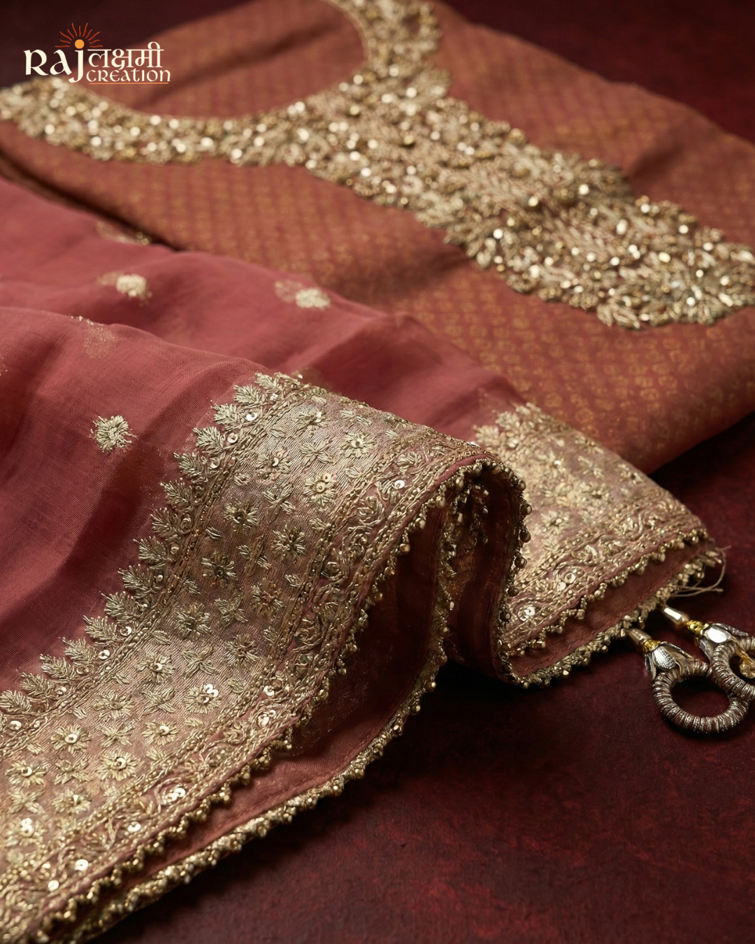 The Heritage Organza Suit Set : Zardosi Neckline & Shimmer Tissue Dupatta