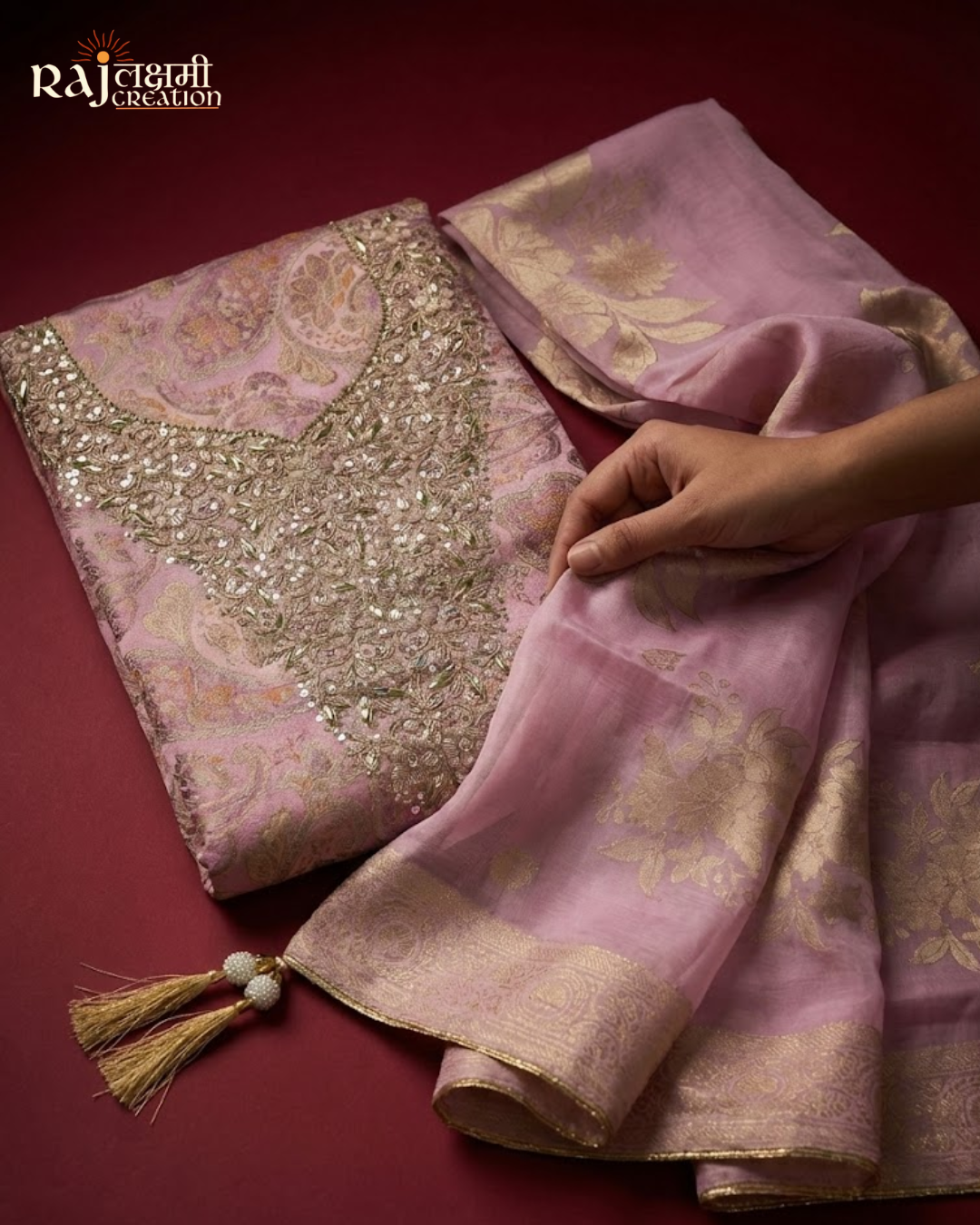 Royal Handcrafted Gajji Satin & Uppada Ensemble with Zardosi Artistry