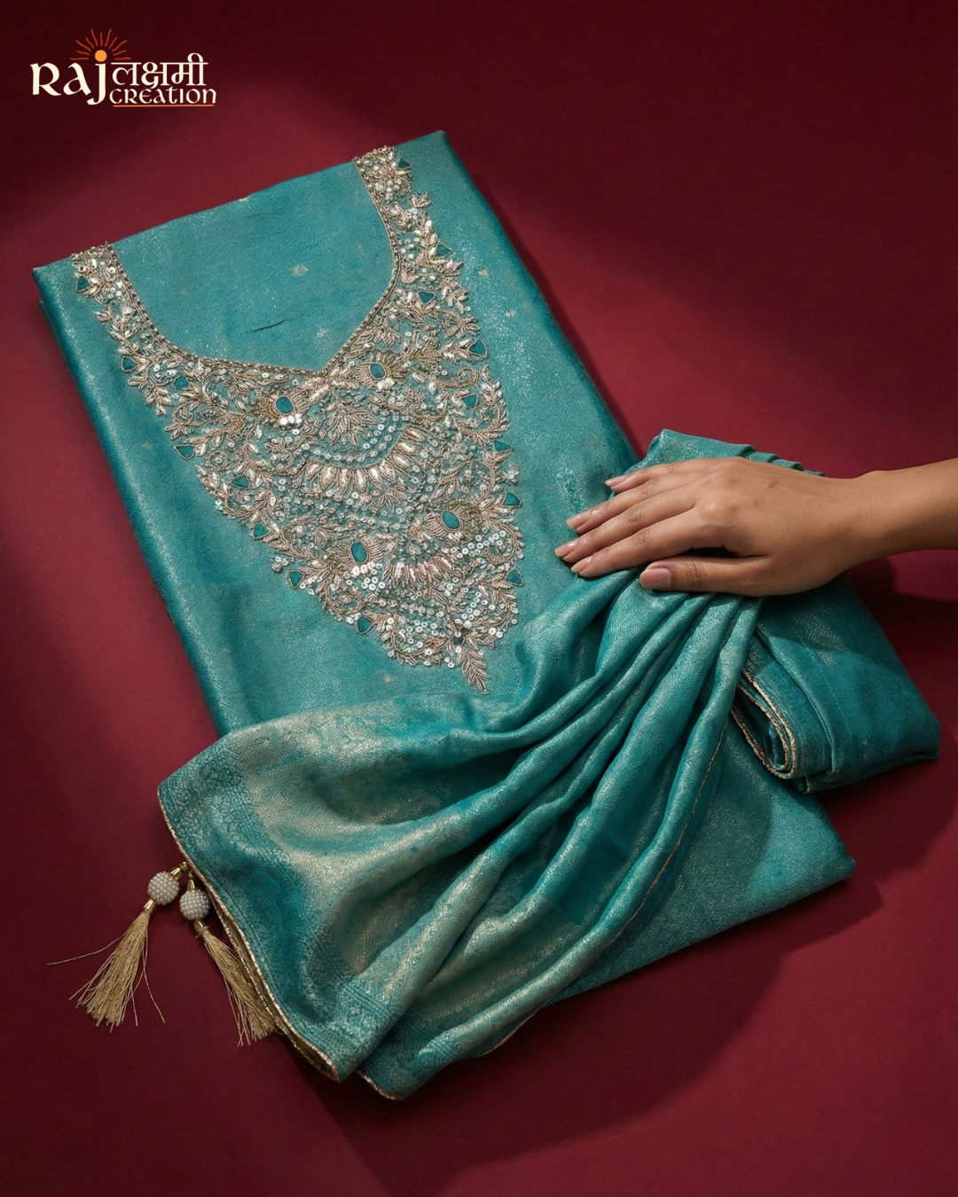 Shimmering Turquoise Zaro Collection: Hand-Embroidered Tissue Upada Set