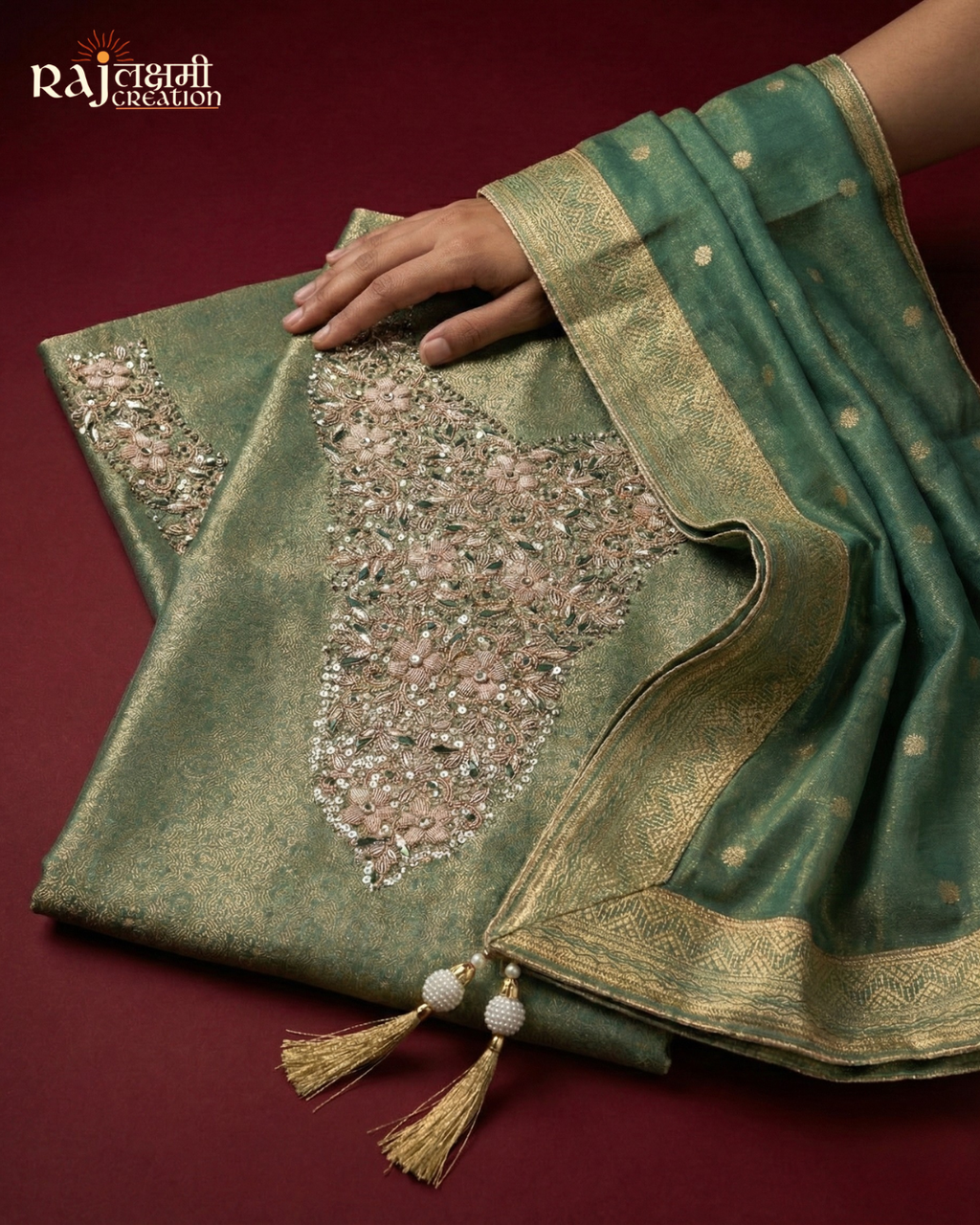Exquisite Mint Green Tissue Upada Silk Unstitched Suit with Zari Weave