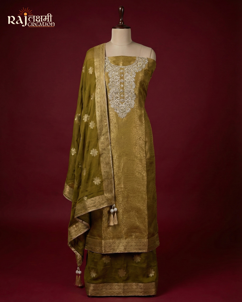 Festive Deep Yellow Tissue Upada Silk Suit with Embellished Dupatta