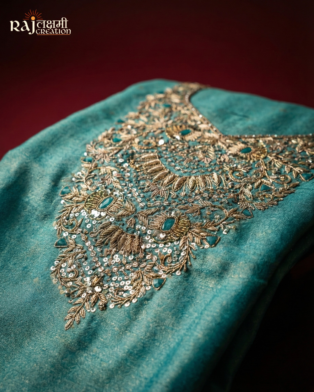 Shimmering Turquoise Zaro Collection: Hand-Embroidered Tissue Upada Set