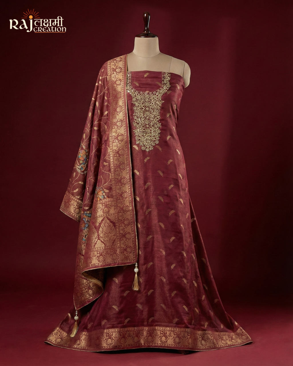 Exquisite Wine Upada Silk Suit with Intricate Hand-Done Zardosi Work