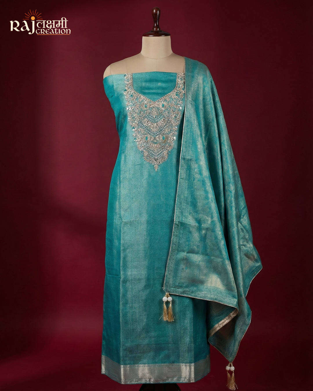 Shimmering Turquoise Zaro Collection: Hand-Embroidered Tissue Upada Set