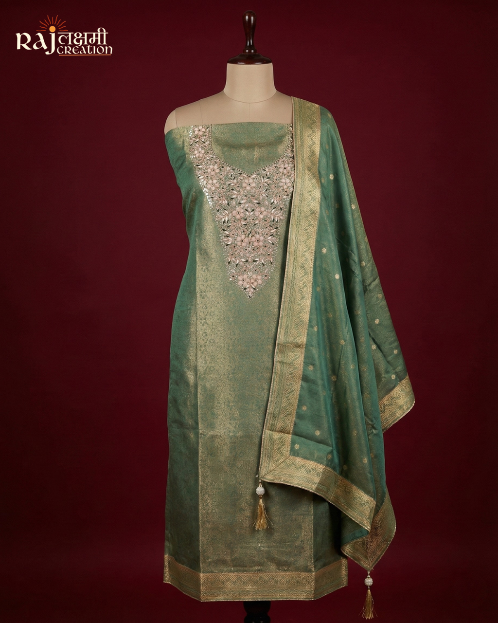 Exquisite Mint Green Tissue Upada Silk Unstitched Suit with Zari Weave