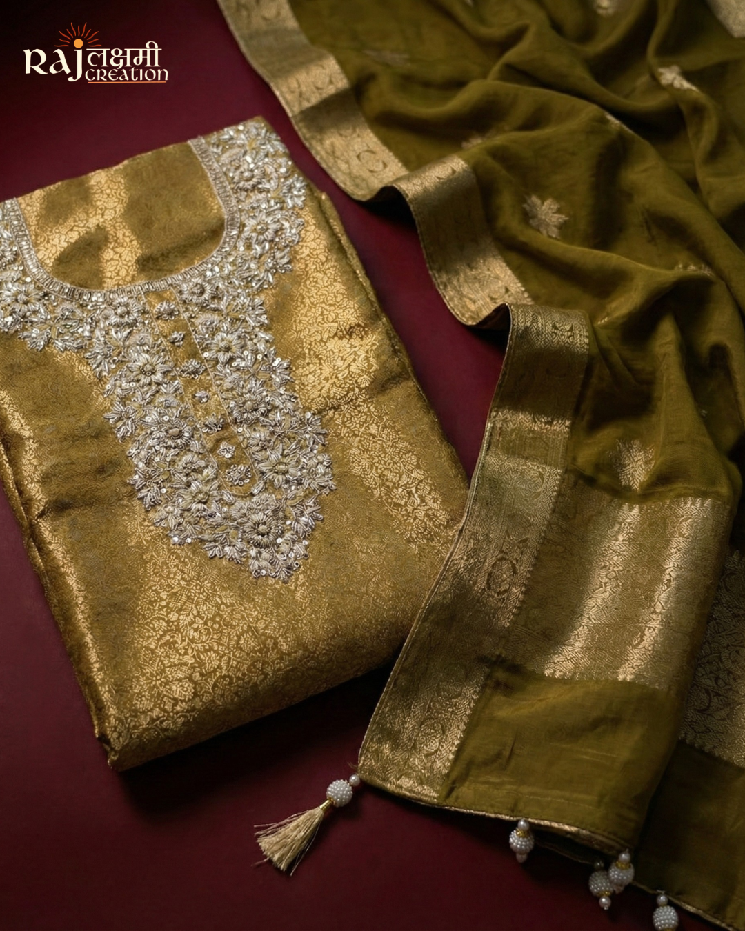 Festive Deep Yellow Tissue Upada Silk Suit with Embellished Dupatta