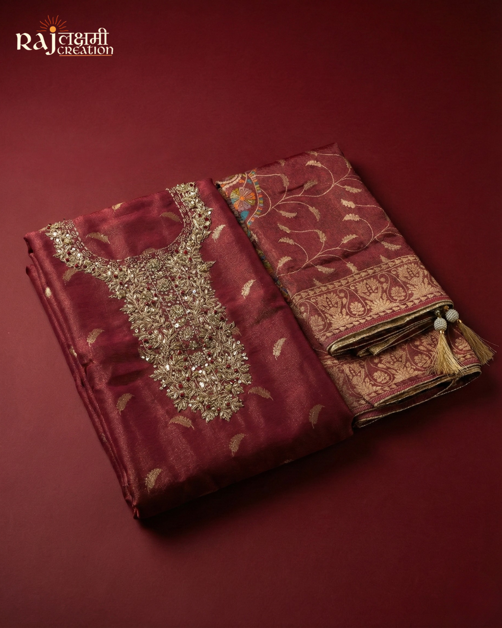 Exquisite Wine Upada Silk Suit with Intricate Hand-Done Zardosi Work