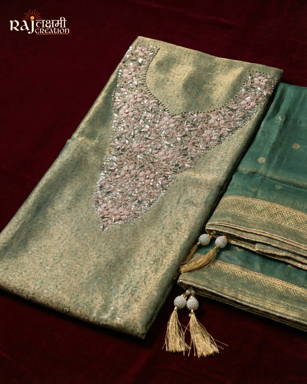 Exquisite Mint Green Tissue Upada Silk Unstitched Suit with Zari Weave