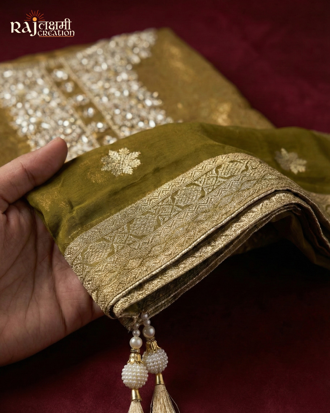 Festive Deep Yellow Tissue Upada Silk Suit with Embellished Dupatta