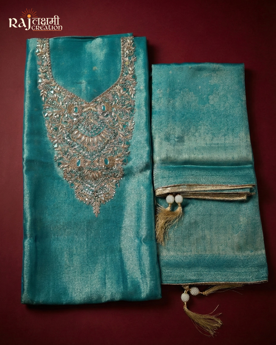 Shimmering Turquoise Zaro Collection: Hand-Embroidered Tissue Upada Set