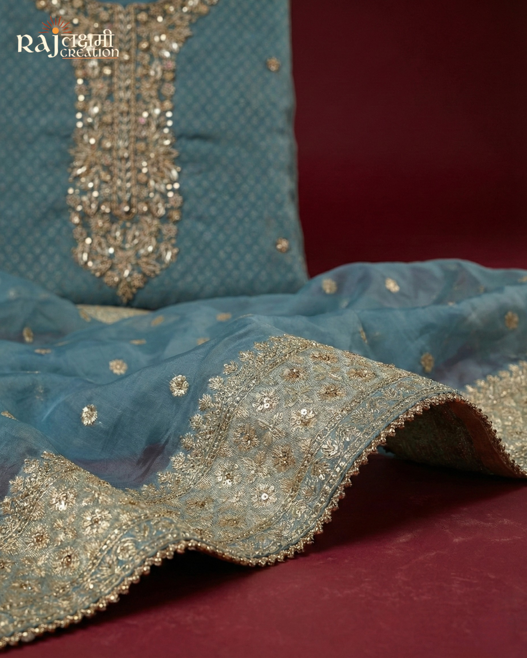 Slate Blue Organza Unstitched Salwar Suit with Zardosi Work & Tissue Dupatta