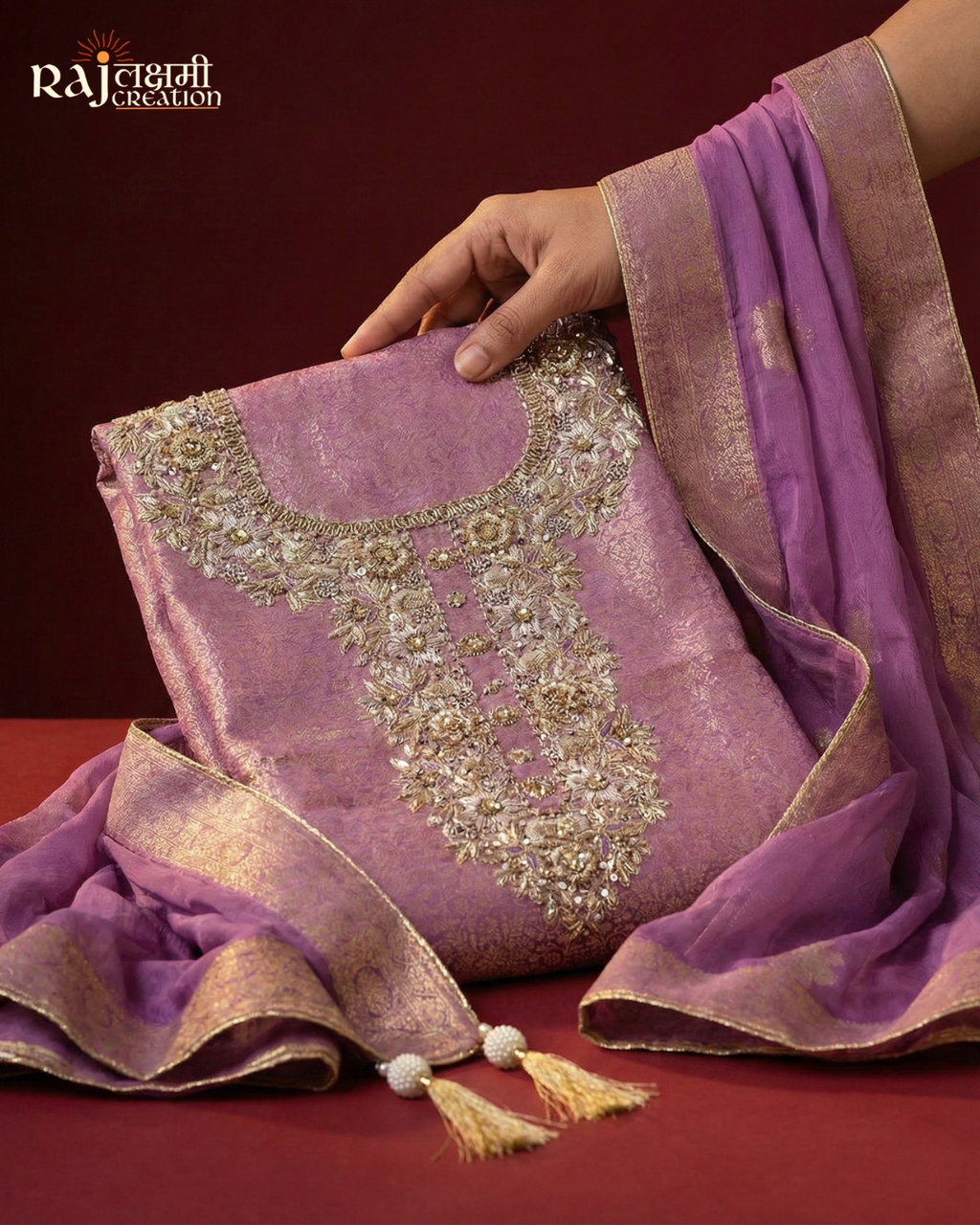 Heavy Zardosi Neck Pattern Upada Silk Suit Material for Wedding Wear