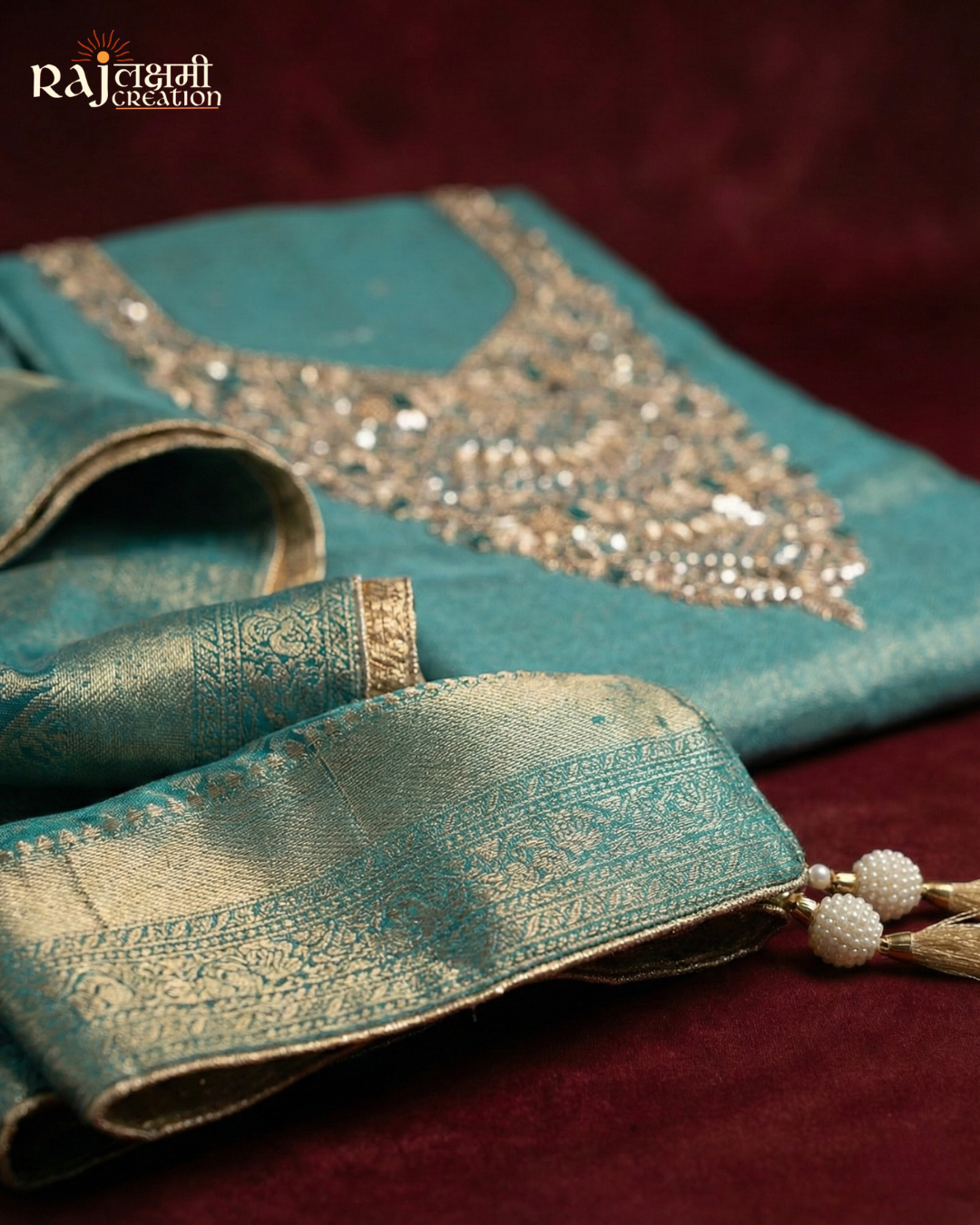 Shimmering Turquoise Zaro Collection: Hand-Embroidered Tissue Upada Set