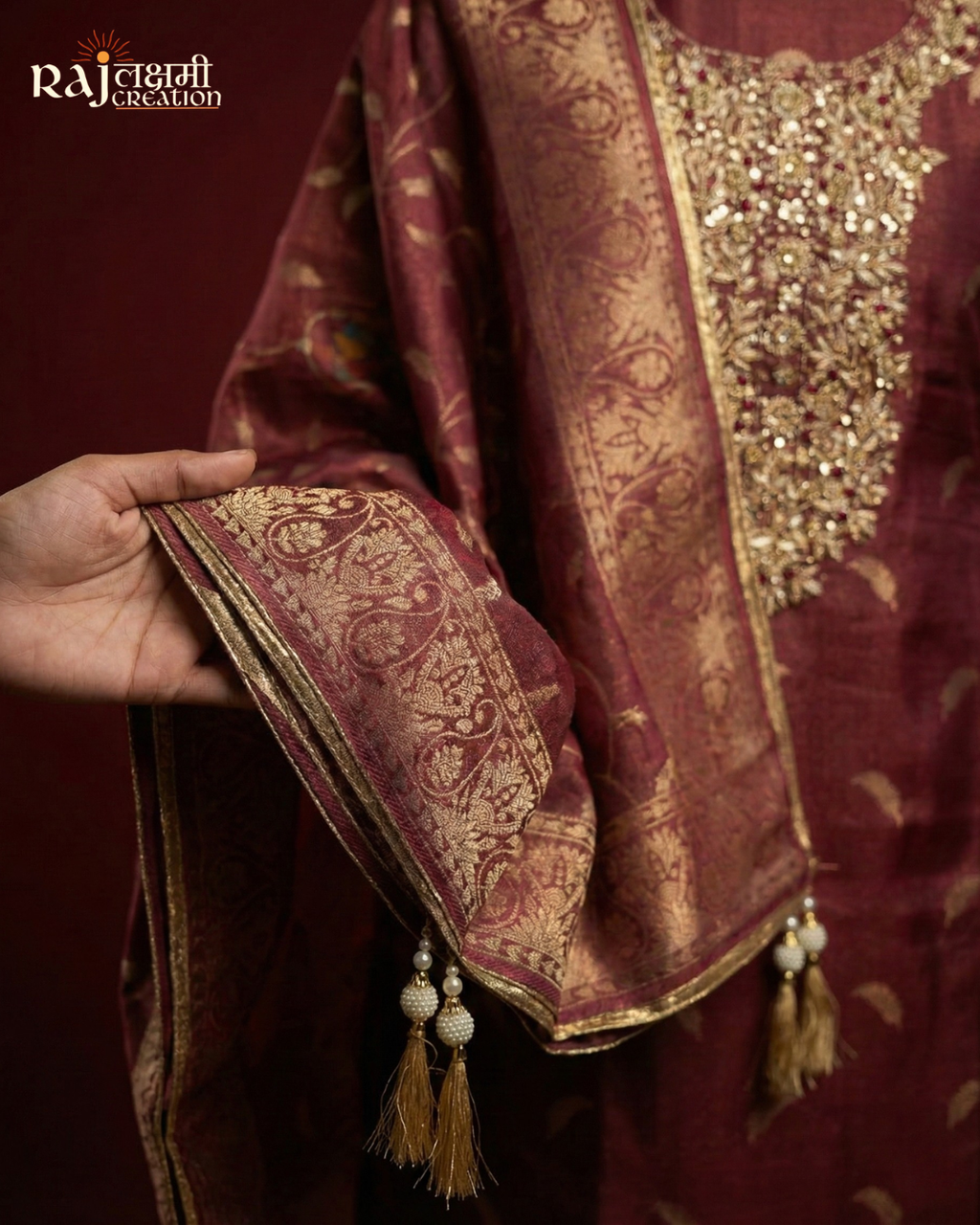 Exquisite Wine Upada Silk Suit with Intricate Hand-Done Zardosi Work