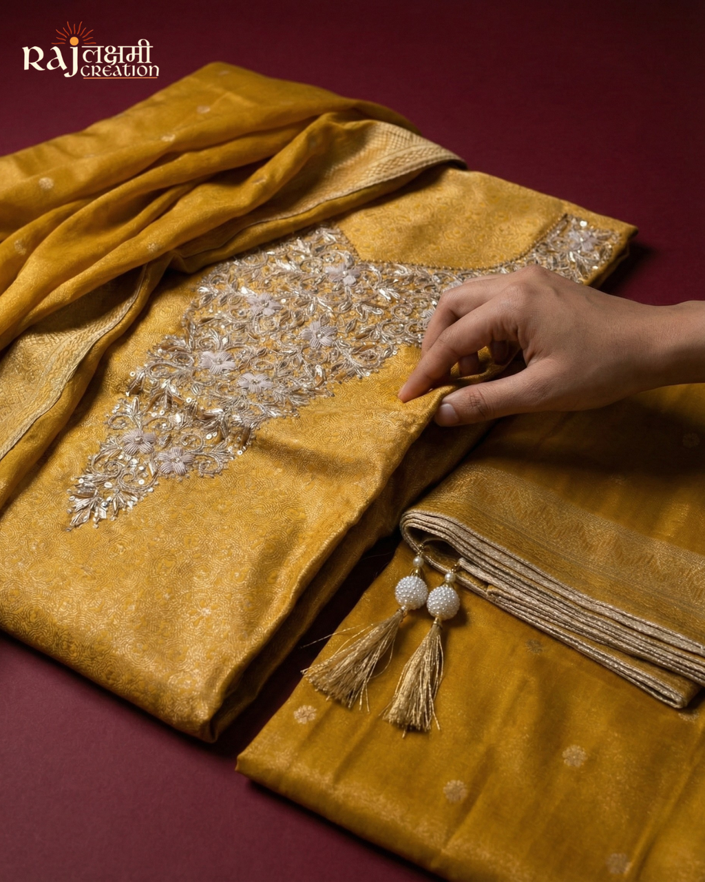 Exquisite Mustard Gold Tissue Upada Suit with Heavy Zardosi Neckline