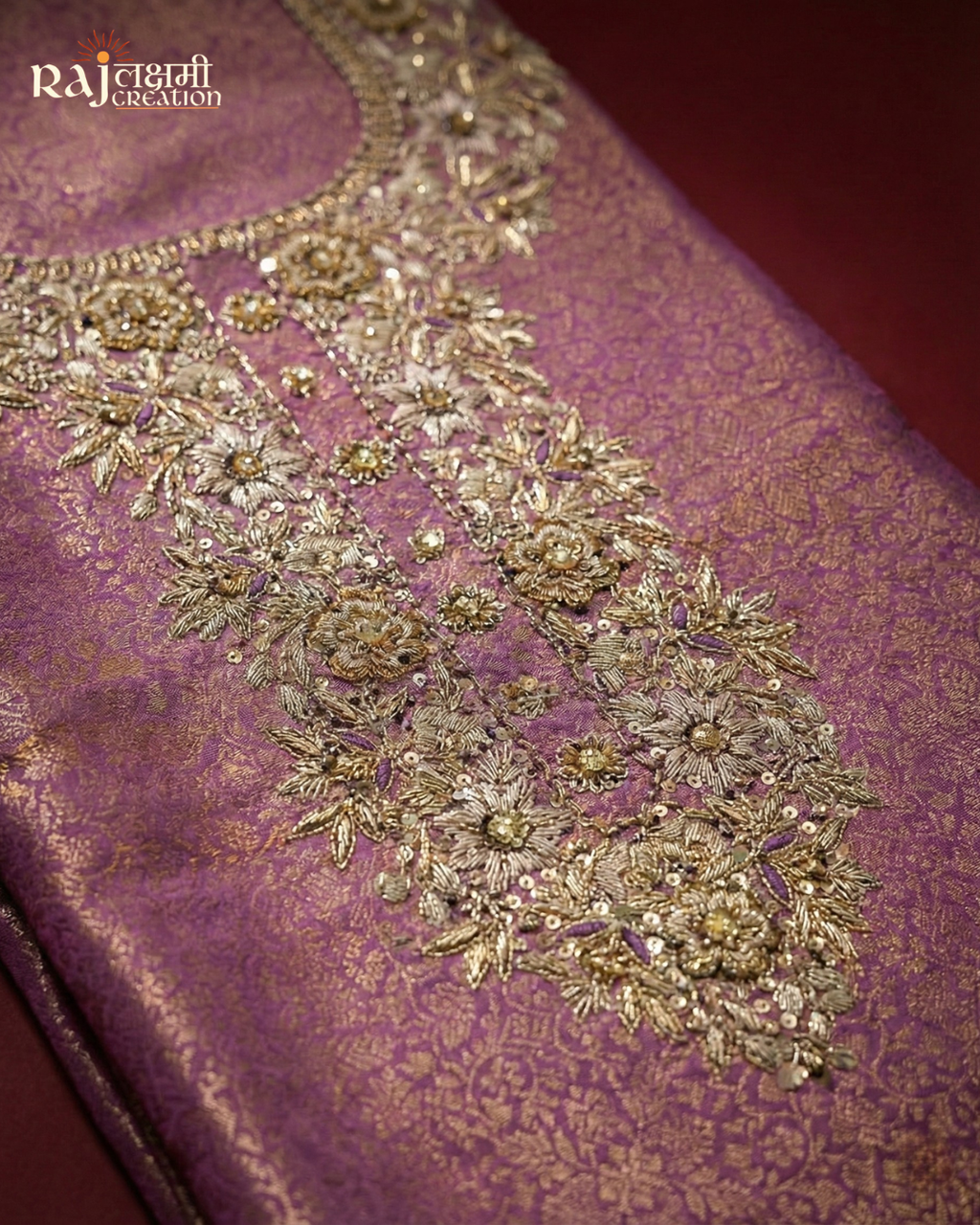 Heavy Zardosi Neck Pattern Upada Silk Suit Material for Wedding Wear