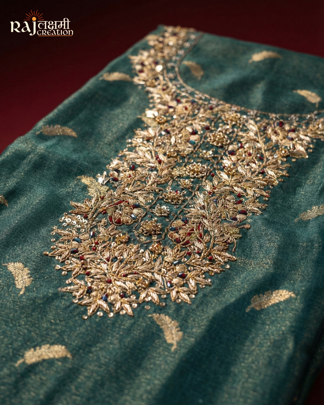 Hand-Embroidered Zardosi Upada Silk Suit Set with Shimmering Tissue Dupatta