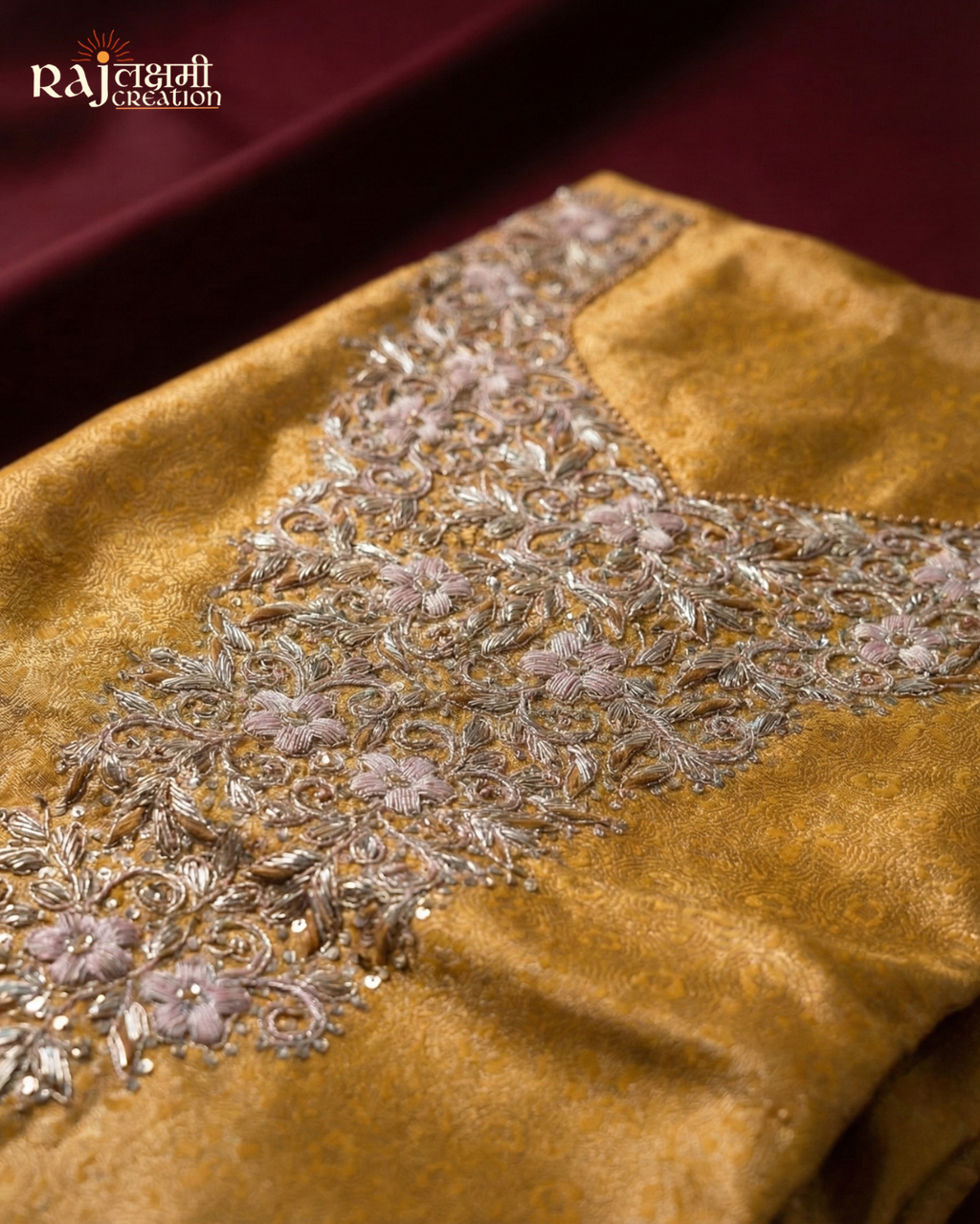 Exquisite Mustard Gold Tissue Upada Suit with Heavy Zardosi Neckline