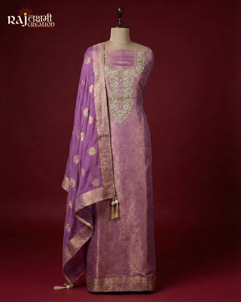 Heavy Zardosi Neck Pattern Upada Silk Suit Material for Wedding Wear