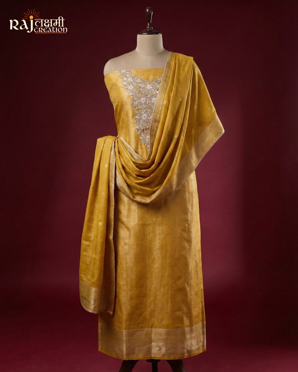 Exquisite Mustard Gold Tissue Upada Suit with Heavy Zardosi Neckline