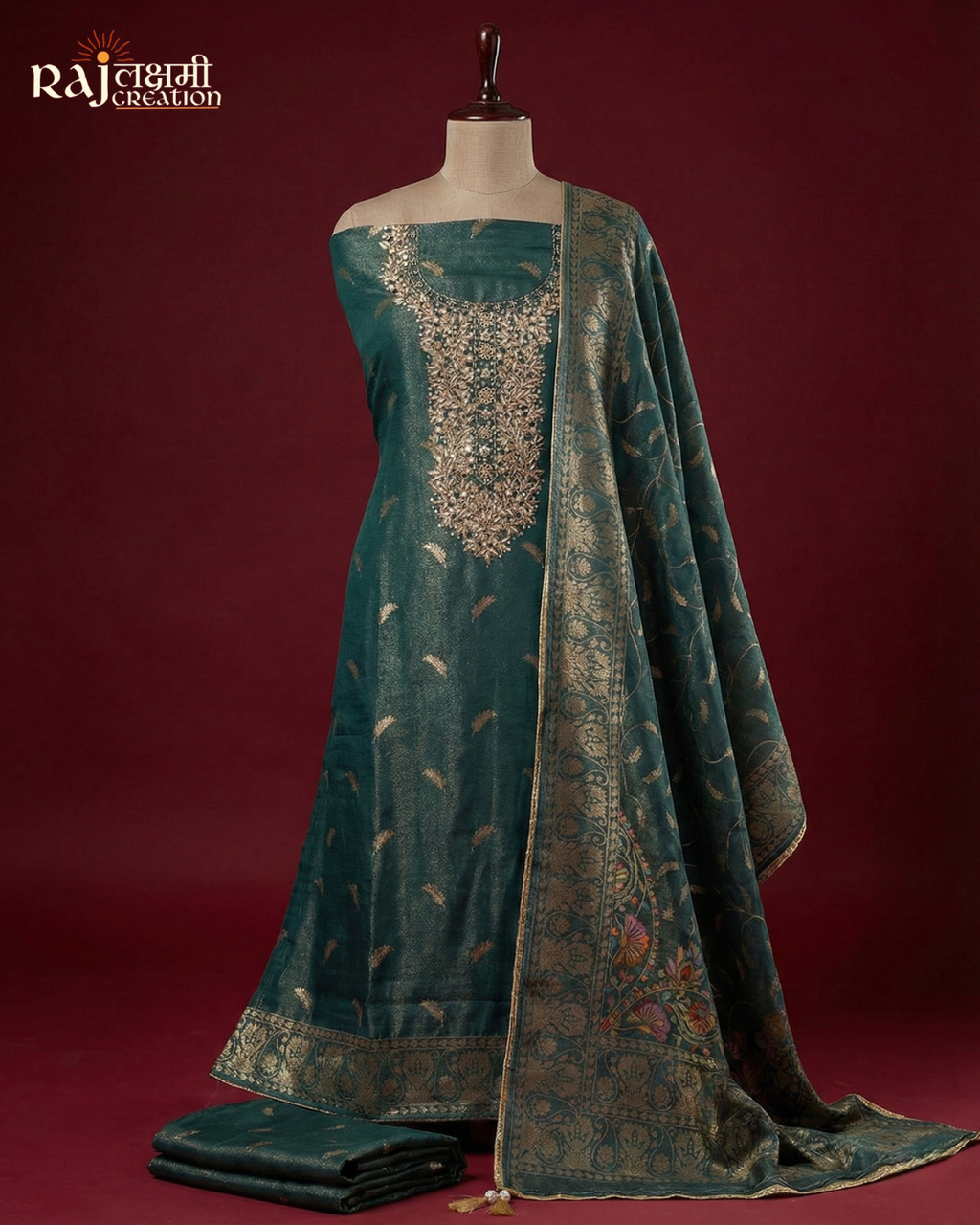 Hand-Embroidered Zardosi Upada Silk Suit Set with Shimmering Tissue Dupatta