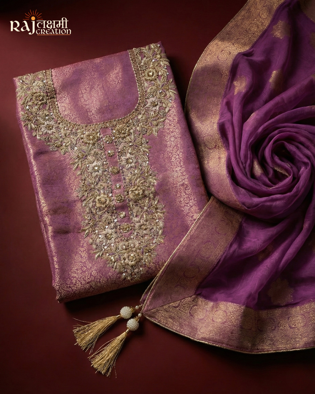 Heavy Zardosi Neck Pattern Upada Silk Suit Material for Wedding Wear