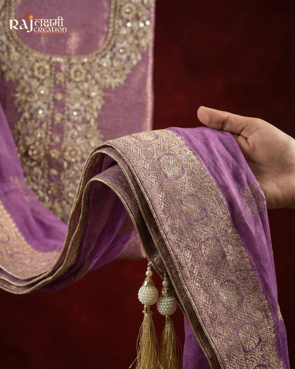 Heavy Zardosi Neck Pattern Upada Silk Suit Material for Wedding Wear