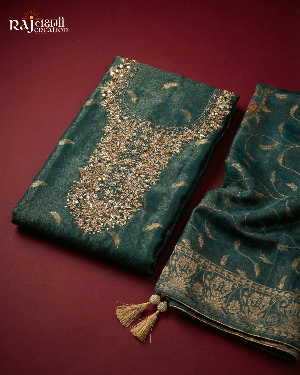 Hand-Embroidered Zardosi Upada Silk Suit Set with Shimmering Tissue Dupatta
