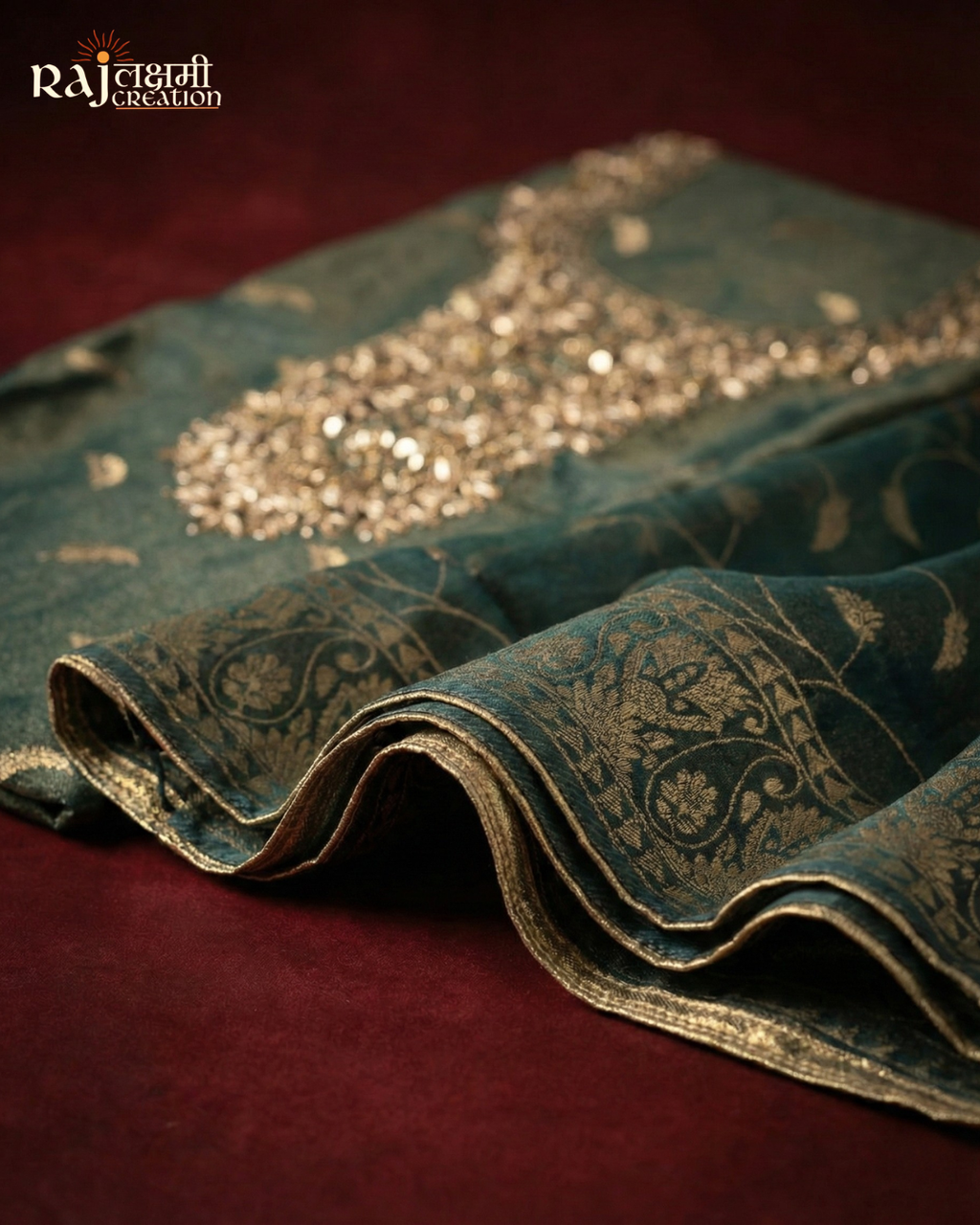 Hand-Embroidered Zardosi Upada Silk Suit Set with Shimmering Tissue Dupatta