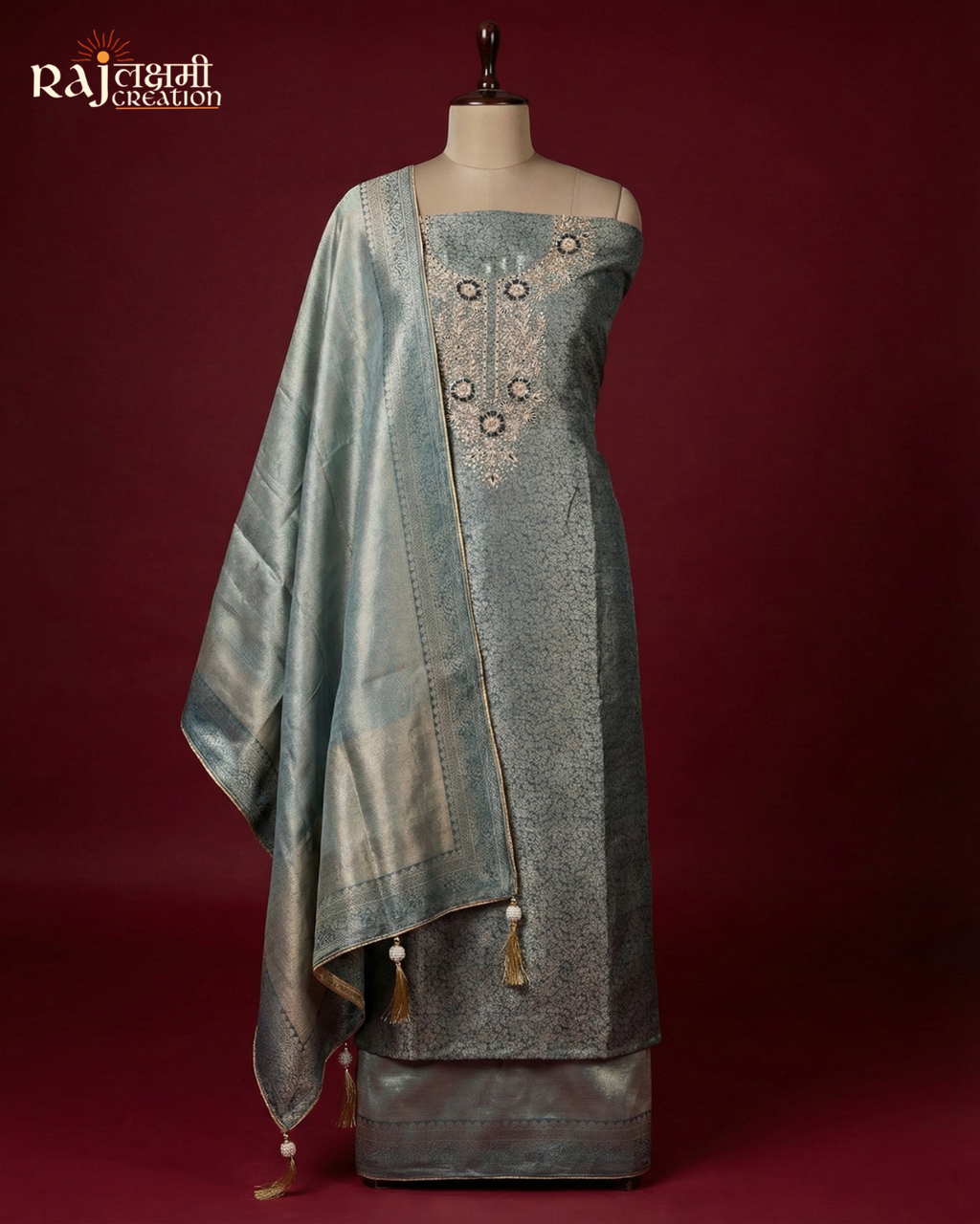 Exquisite Uppada Silk Zardosi Suit Set with Tissue Dupatta