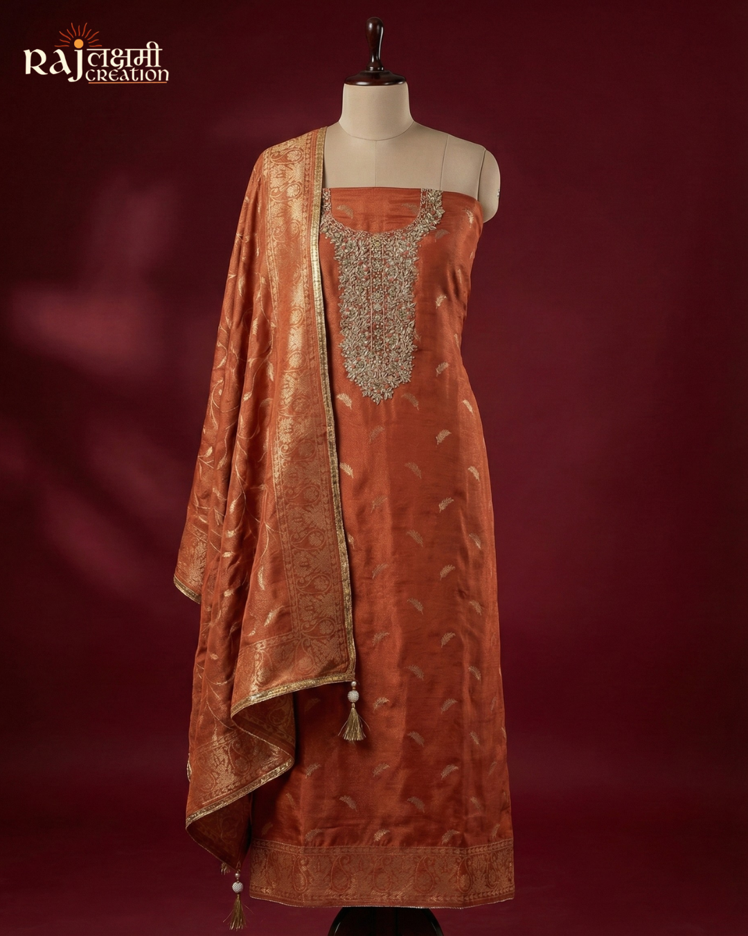 Handcrafted Zardosi Upada Silk Suit with Shimmering Zari Tissue Dupatta