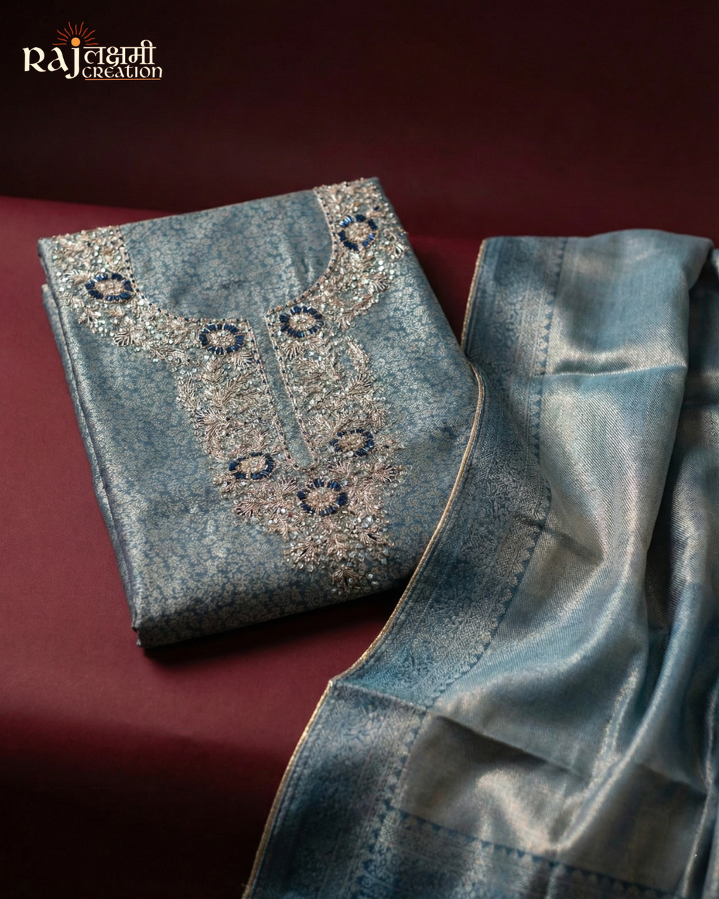 Exquisite Uppada Silk Zardosi Suit Set with Tissue Dupatta