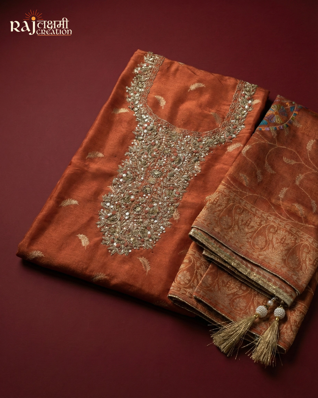 Handcrafted Zardosi Upada Silk Suit with Shimmering Zari Tissue Dupatta