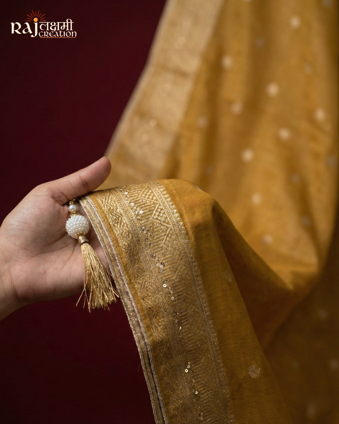 Exquisite Mustard Gold Tissue Upada Suit with Heavy Zardosi Neckline